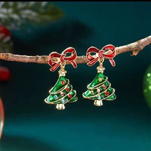 Festive Christmas Tree Earrings with Red Bows